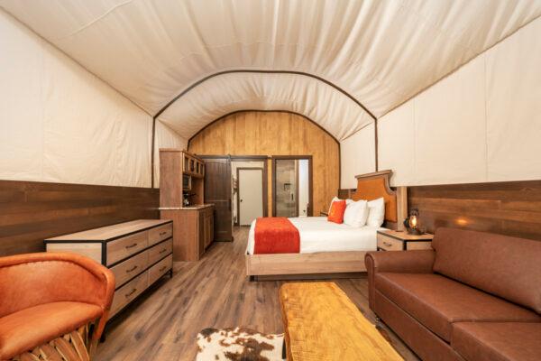 The interior of a new luxury Conestoga wagon at Westgate River Ranch. (Courtesy of Westgate River Ranch)