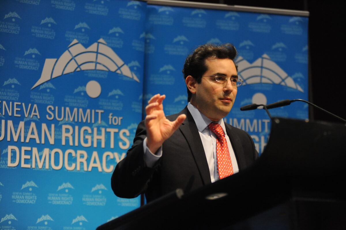 Hillel Neuer, executive director of U.N. Watch, speaks at the 2015 Geneva Summit for Human Rights and Democracy. (Courtesy Hillel Neuer)