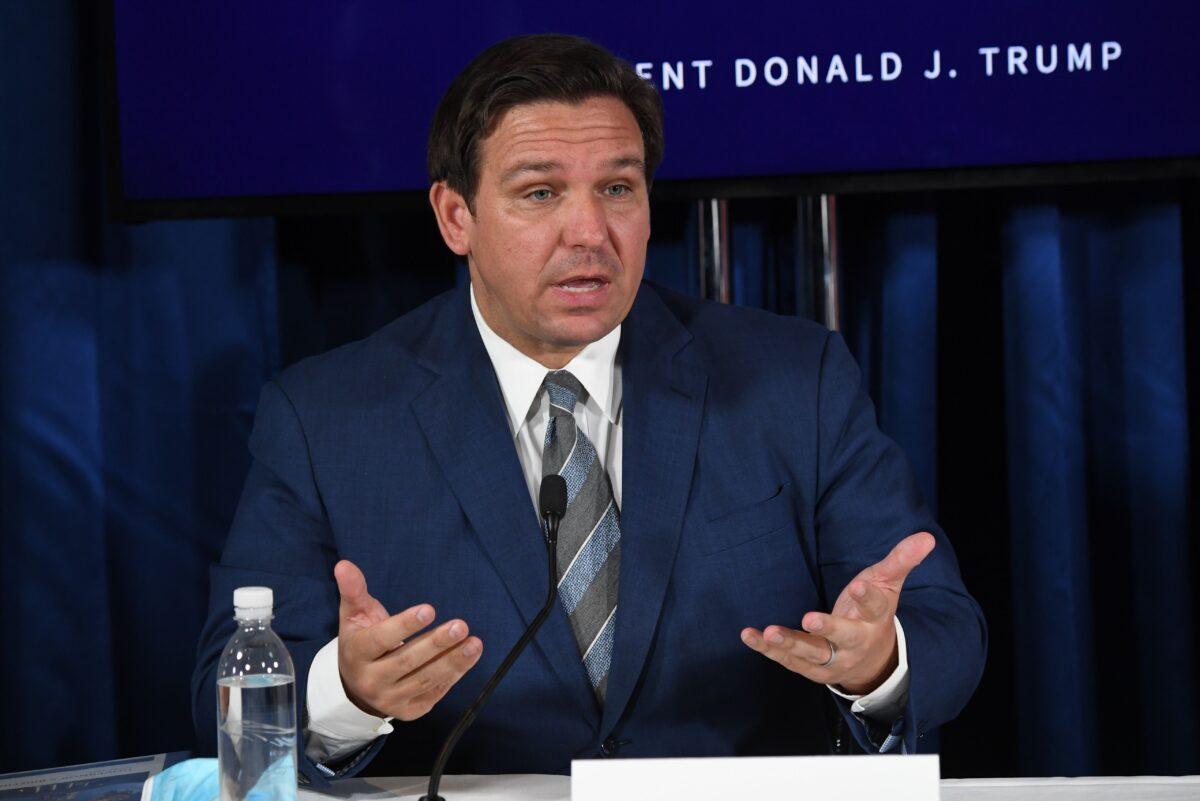 Florida Gov. Ron DeSantis speaks during a COVID-19 and storm preparedness roundtable in Belleair, Fla., on July 31, 2020. (Saul Loeb/AFP via Getty Images)
