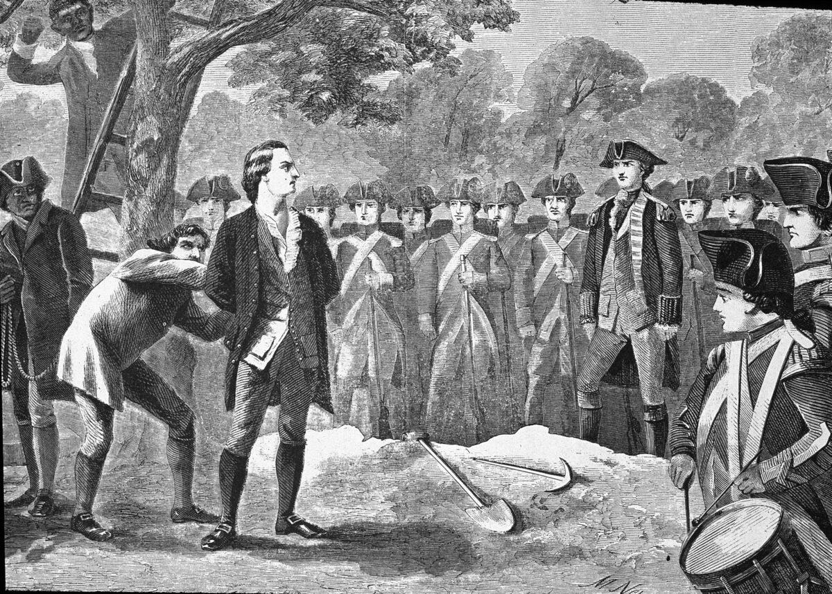 British soldiers prepare to hang the American patriot Nathan Hale (1755–1776). Before his execution Hale declared that "I only regret that I have but one life to lose for my country." (MPI/Getty Images)