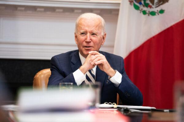 President Joe Biden attends a virtual meeting with Mexican President Andres Manuel Lopez Obrador, in the Roosevelt Room of the White House in Washington, March 1, 2021. (Anna Moneymaker-Pool/Getty Images)