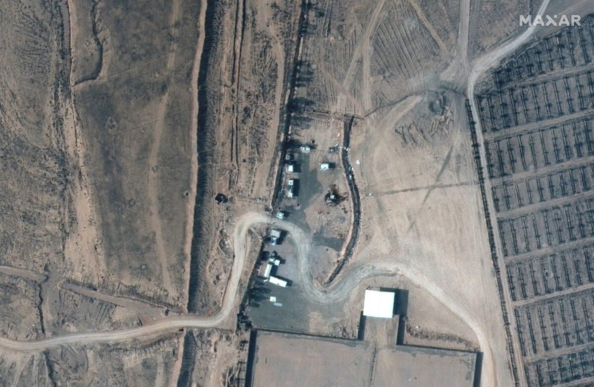 A close up view of destroyed buildings at an Iraq-Syria border crossing after airstrikes are seen on Feb. 26, 2021. (Satellite image (copyright) 2021 Maxar Technologies/Handout via Reuters)