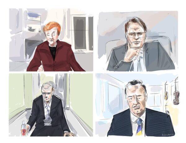 Justice Anne Molloy, from top left, John Rinaldi, Dr. Scott Woodside and accused Alek Minassian are shown during a murder trial conducted via Zoom videoconference in this courtroom sketch on December 11, 2020. (Alexandra Newbould/The Canadian Press)