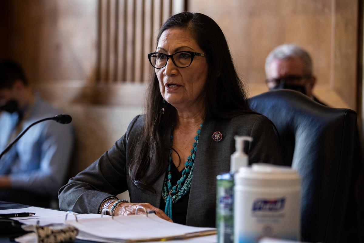 Rep. Deb Haaland (D-N.M.) speaks during a Senate hearing on her nomination to be Interior Secretary, on Capitol Hill, in Washington, on Feb. 23, 2021. (Graeme Jennings/Pool via AP)