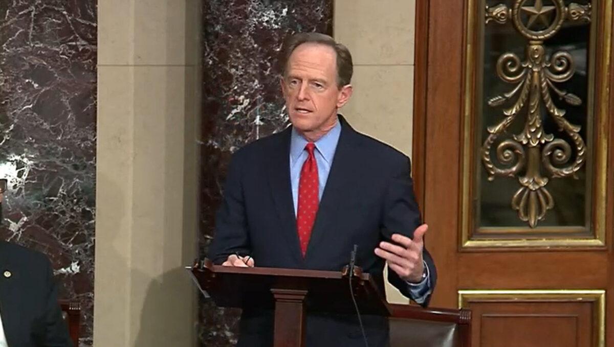 In this screenshot taken from a Congress.gov webcast, Sen. Pat Toomey (R-Pa.) speaks during a Senate debate session to ratify the 2020 presidential election at the U.S. Capitol in Washington on Jan. 6, 2021. (congress.gov via Getty Images)