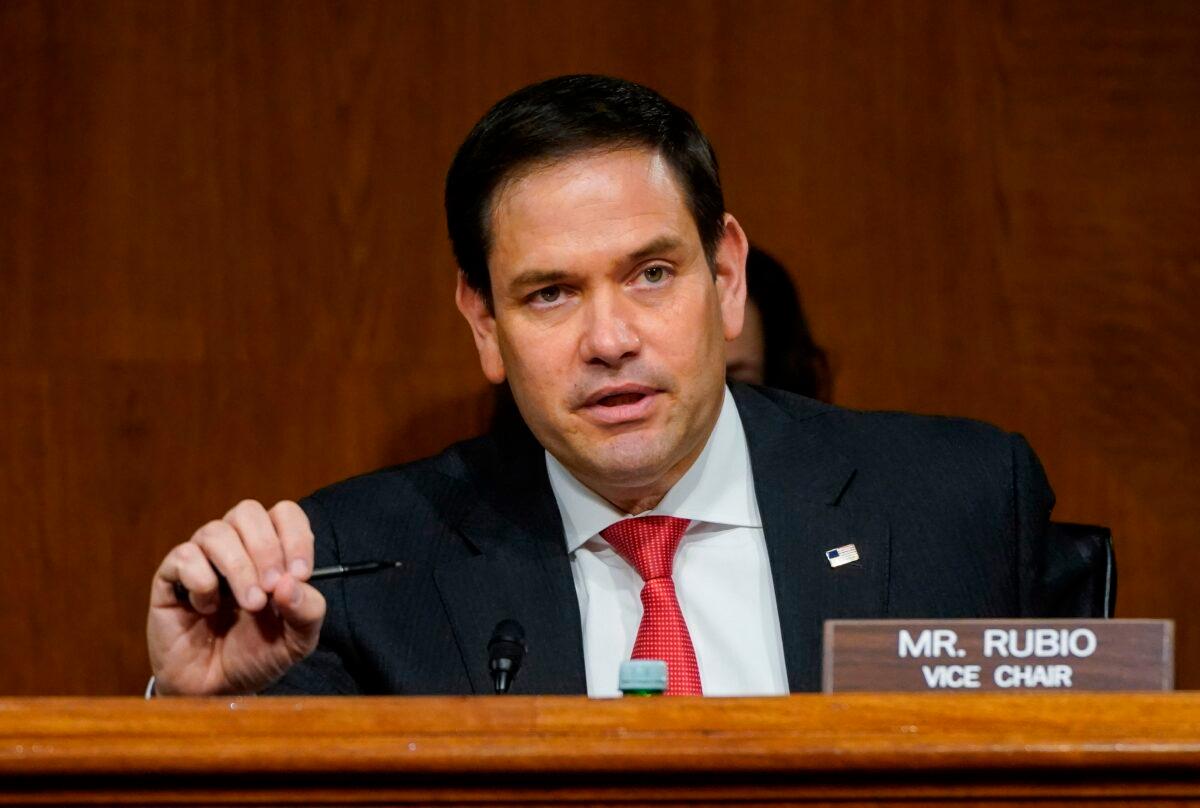 Ranking member Sen. Marco Rubio (R-Fla.) questions witnesses during a Senate Intelligence Committee hearing on Capitol Hill in Washington on Feb. 23, 2021. (Drew Angerer/Pool/AFP via Getty Images)
