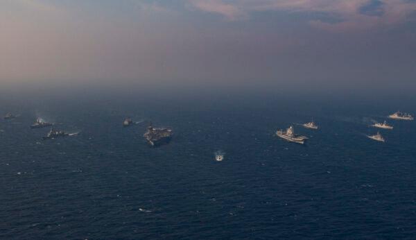 Ships from the Royal Australian Navy, Indian Navy, Japanese Maritime Self-Defense Force, and the United States Navy participate in Malabar 2020 in the North Arabian Sea on Nov. 17, 2020. (Mass Communication Specialist 3rd Class Elliot Schaudt/U.S. Navy)