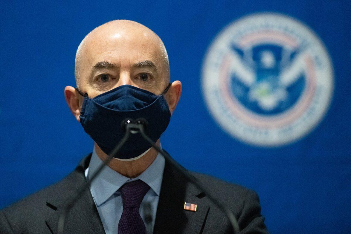 Homeland Security Secretary Alejandro Mayorkas delivers remarks while visiting a FEMA community vaccination center in Philadelphia, Pa., on March 2, 2021. (Mark Makela/Getty Images)