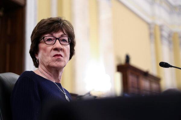 Sen. Susan Collins (R-Maine) listens during a Senate hearing on Capitol Hill, in Washington, on Feb. 24, 2021. (Tom Brenner/Pool via AP)
