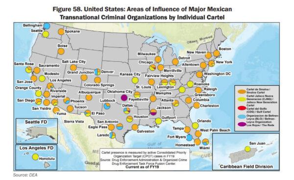 Areas of influence of major Mexican cartels within the United States. (DEA report 2021)