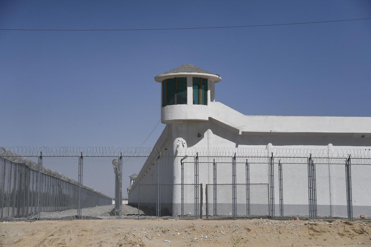 A watchtower on a high-security facility near what is believed to be a re-education camp where mostly Muslim ethnic minorities are detained, on the outskirts of Hotan, in China's northwestern Xinjiang region, on May 31, 2019. (Greg Baker/AFP via Getty Images)