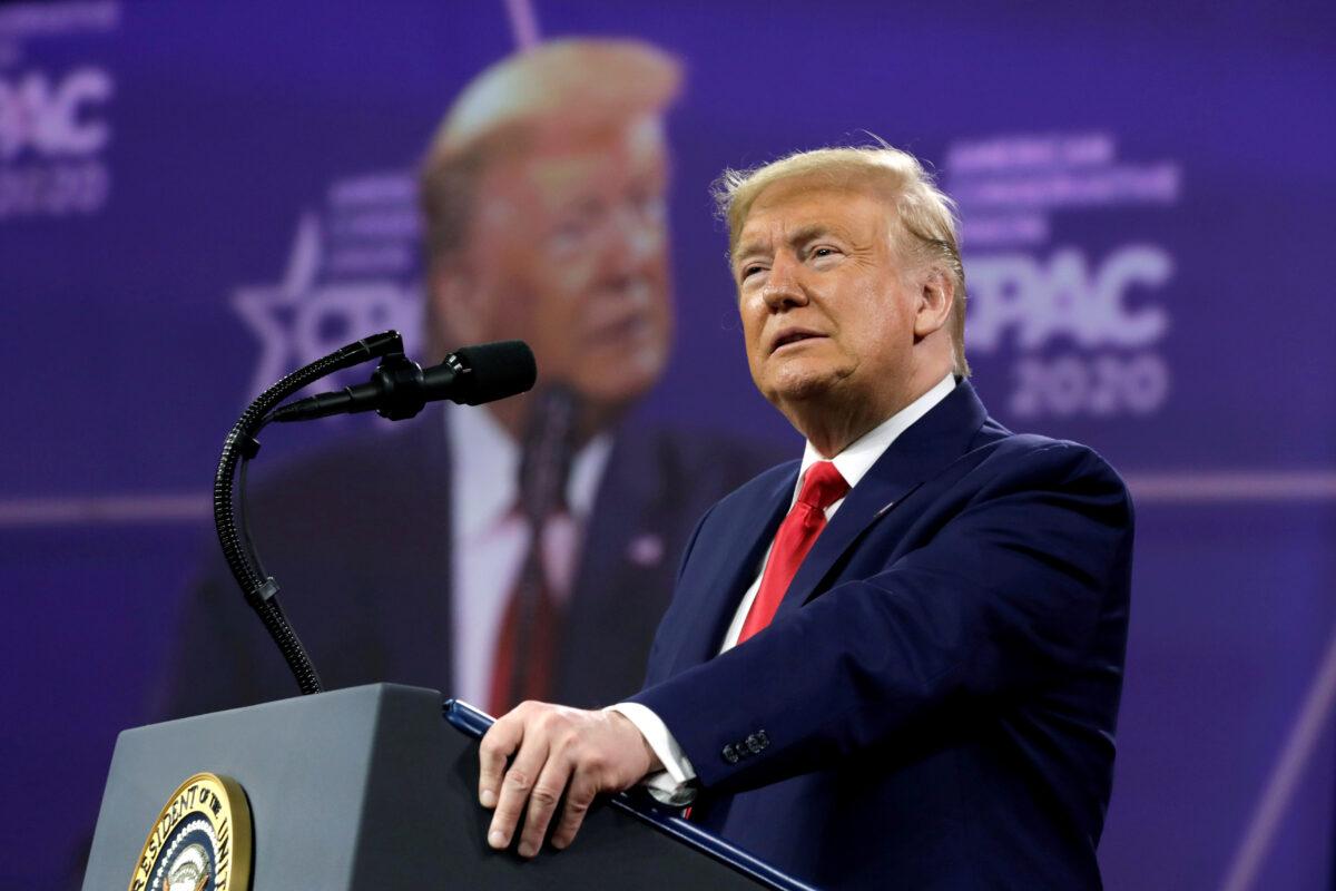 President Donald Trump addresses the Conservative Political Action Conference (CPAC) annual meeting at National Harbor in Oxon Hill, Md., on Feb. 29, 2020. (Yuri Gripas/Reuters)