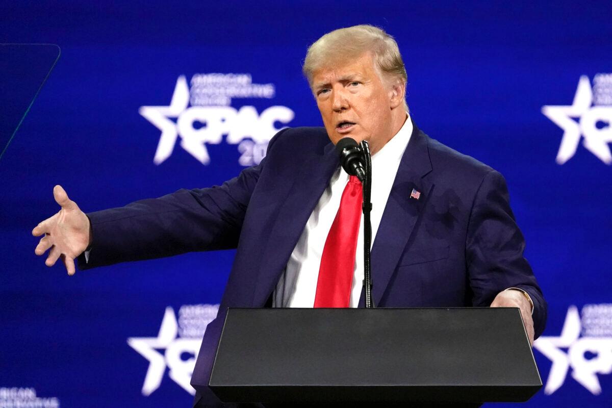 Former President Donald Trump speaks at the Conservative Political Action Conference (CPAC) in Orlando, Fla., on Feb. 28, 2021. (John Raoux/AP Photo)