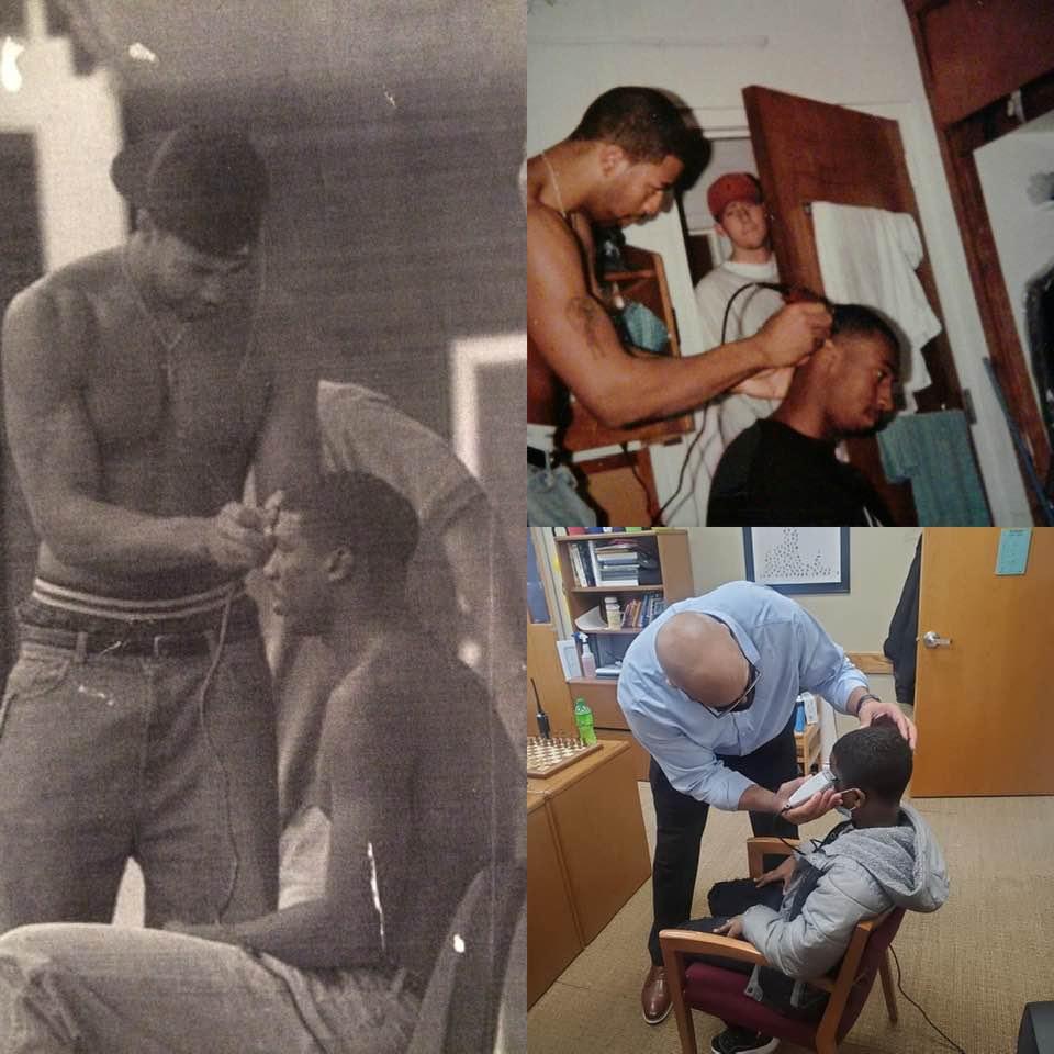 A compilation of pictures of principal Jason Smith cutting hair 20 years ago and cutting hair for the 8th-grade student. (Courtesy of <a href="https://www.facebook.com/jason.smith.1675275">Jason Smith</a> and <a href="https://www.facebook.com/lewis.speaks">Lewis Speaks Sr.</a>)