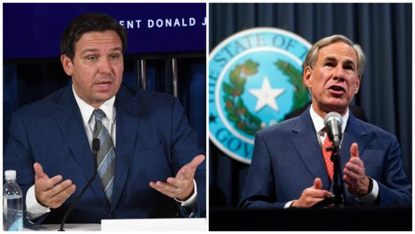 (L) Florida Gov. Ron DeSantis speaks during a COVID-19 and storm preparedness roundtable in Belleair, Florida, on July 31, 2020. (Saul Loeb/AFP via Getty Images) (R) Texas Gov. Greg Abbott speaks during a news conference where he provided an update to Texas's response to COVID-19 in Austin, Texas, on Sept. 17, 2020. (Eric Gay/AP Photo)