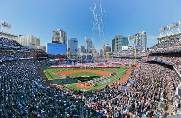 Opening day ceremonies are performed at Petco Park before a baseball game between the Los Angeles Dodgers and the San Diego Padres in San Diego, Calif., on April, 4, 2016. (Lenny Ignelzi/AP, File)