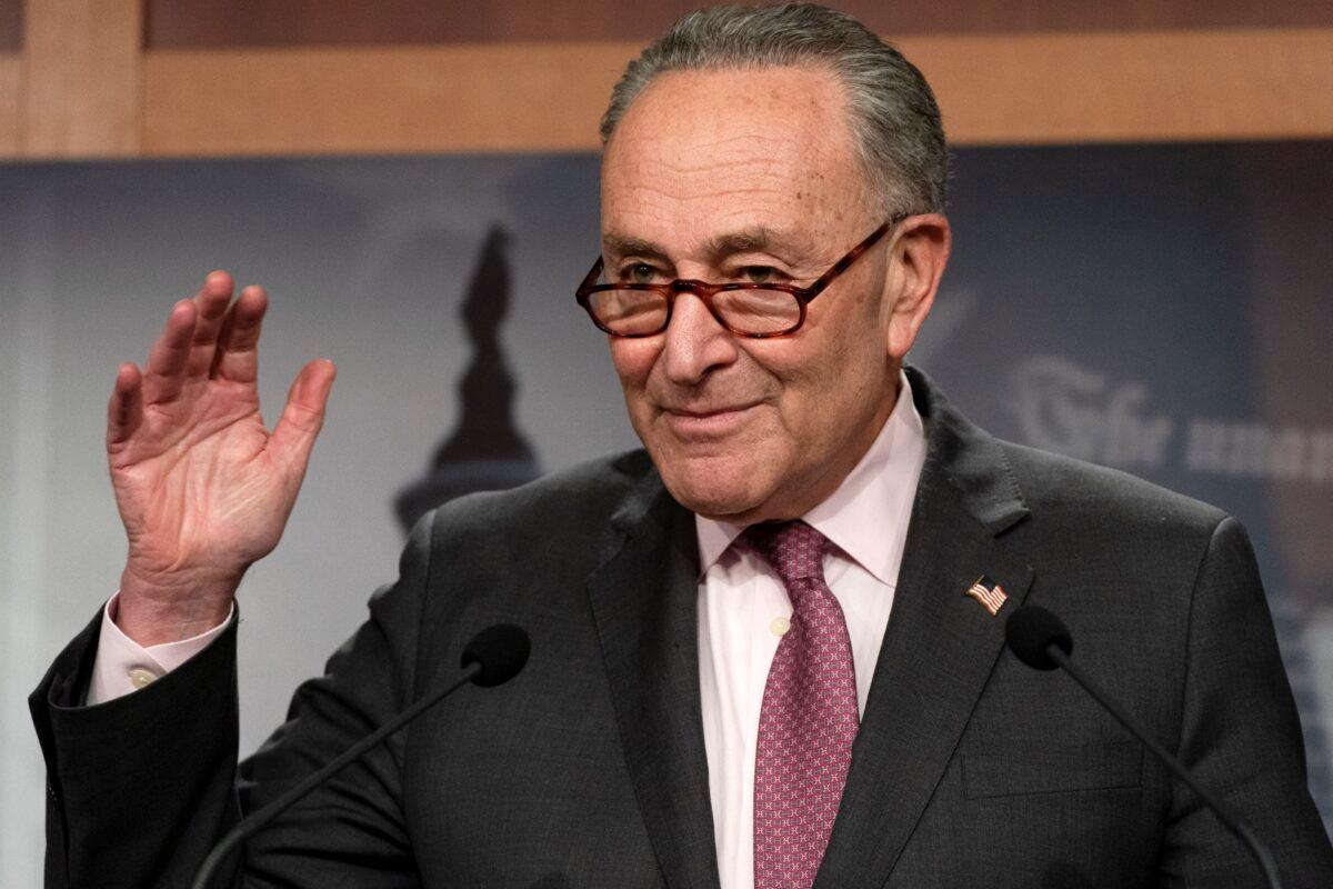 Senate Majority Leader Chuck Schumer, (D-N.Y.), speaks to the media on Capitol Hill in Washington, on March 2, 2021. (Jacquelyn Martin/AP Photo)