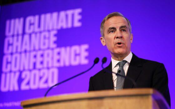 Mark Carney makes a keynote address to launch the private finance agenda for the 2020 U.N. Climate Change Conference (COP26) at Guildhall in London, England, on Feb. 27, 2020. (Tolga Akmen/WPA Pool/Getty Images)