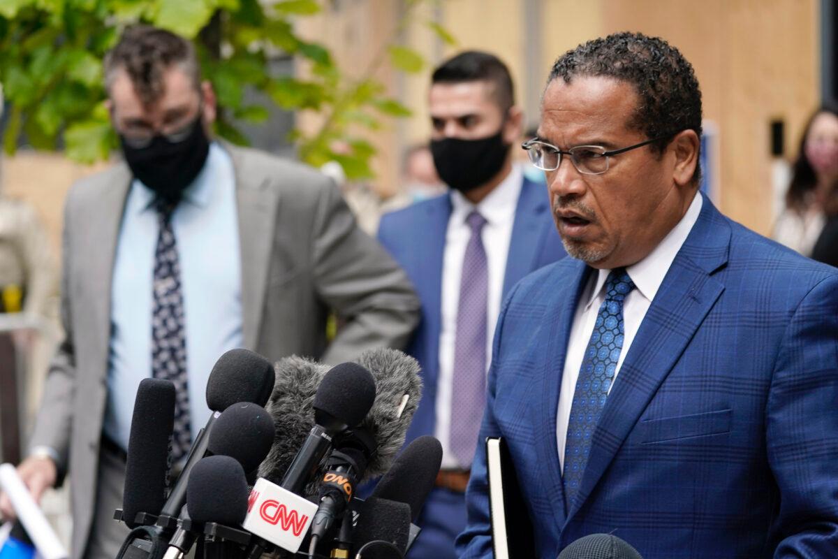 Minnesota Attorney General Keith Ellison addresses reporters outside the Hennepin County Family Justice Center in Minneapolis on Sept. 11, 2020. (Jim Mone/AP Photo)