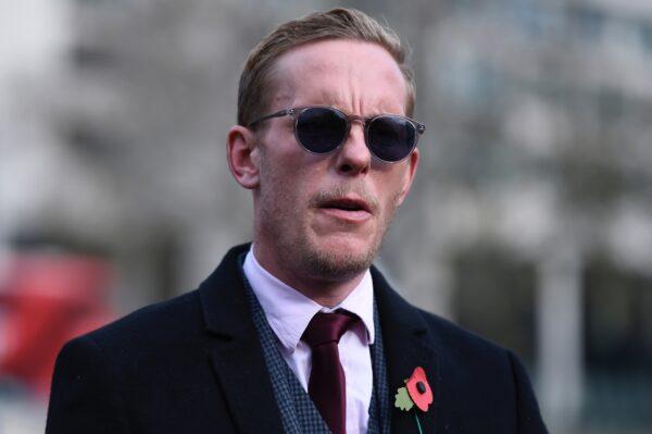Laurence Fox, leader of the Reclaim Party, attends a Remembrance Sunday ceremony at the Royal Artillery War Memorial in Hyde Park Corner, in London, on Nov. 8, 2020. (Daniel Leal-Olivas/AFP via Getty Images)