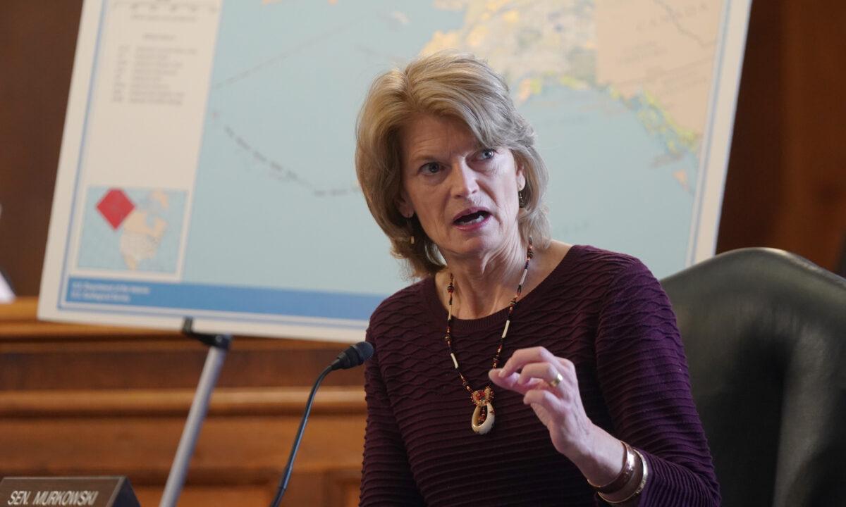 Sen. Lisa Murkowski (R-Alaska) questions Rep. Debra Haaland, (D-N.M.), President Joe Biden's nominee for secretary of the interior, during her confirmation hearing before the Senate Committee on Energy and Natural Resources, at the U.S. Capitol in Washington on Feb. 24, 2021. (Leigh Vogel-Pool/Getty Images)
