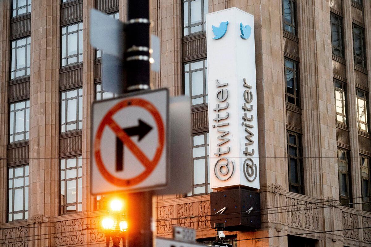 A sign hangs at Twitter headquarters in San Francisco, on Jan. 11, 2021. (Noah Berger/AP Photo)
