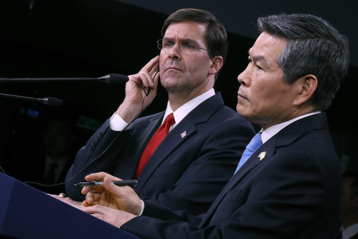 Then U.S. Defense Secretary Mark Esper (L) and South Korean National Defense Minister Jeong Kyeong-doo hold a news conference at the Pentagon, in Arlington, Va., on Feb. 24, 2020. (Chip Somodevilla/Getty Images)