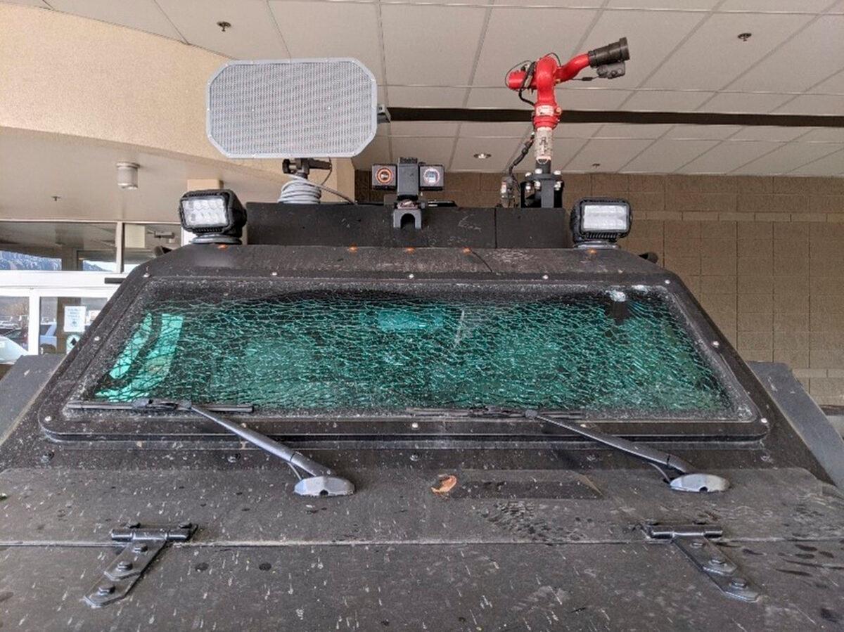 The smashed windshield of a Terradyne light armored patrol vehicle is shown at the Boulder Police Department in Boulder, Colo., on March 7, 2021. (Boulder Police Department/City of Boulder via AP)