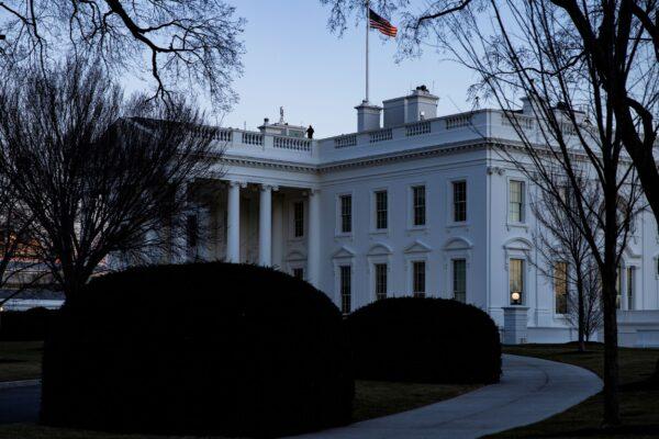 The White House is seen in the evening after the passage of the American Rescue Plan in the U.S. Senate at the White House in Washington, on March 6, 2021. (Samuel Corum/Getty Images)