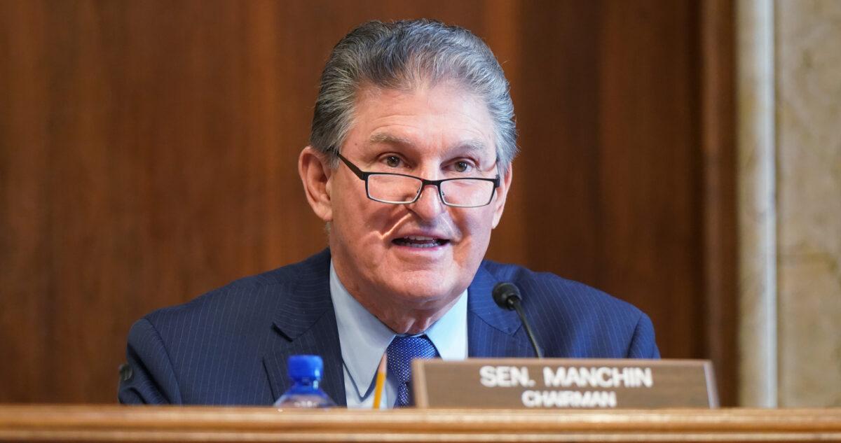 Sen. Joe Manchin (D-W.Va.) speaks at a confirmation hearing at the U.S. Capitol in Washington on Feb. 24, 2021. (Leigh Vogel-Pool/Getty Images)