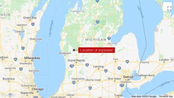 The map shows the location of the explosion at Newaygo High School in Michigan on March 8, 2021. (Google)