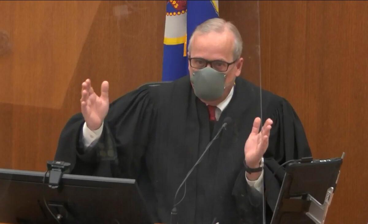 Hennepin County Judge Peter Cahill presides over pretrial motions before jury selection, in Minneapolis, Minn., on March 8, 2021. (Court TV via AP)