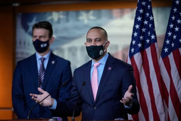 House Democratic Caucus Chairman Hakeem Jeffries (D-N.Y.) speaks to reporters in Washington on March 9, 2021. (Drew Angerer/Getty Images)