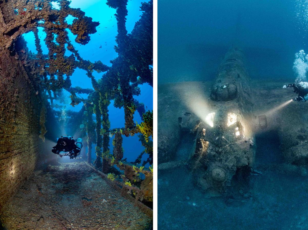 The images show a plane stood still in time, allowing the professional photographer and diver to tour the ghostly plane in its underwater grave. (Caters News)