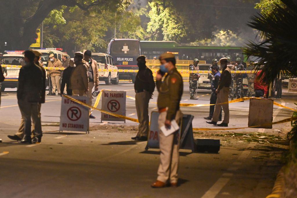 Police cordon off an area after an explosion near the Israeli Embassy in New Delhi on Jan. 29, 2021. (Sajjad Hussain/AFP via Getty Images)