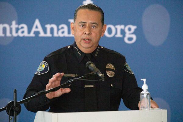Santa Ana Police Chief David Valentin speaks at the police station in Santa Ana, Calif., on March 11, 2021. (John Fredricks/The Epoch Times)