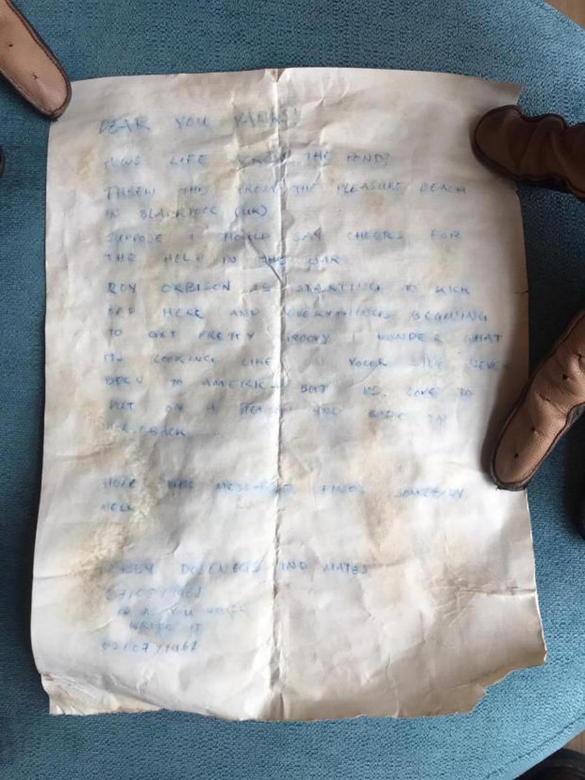 A message in a bottle thrown out to sea from Blackpool—in the hope it would reach America—has washed up 60 YEARS later. (Caters News)