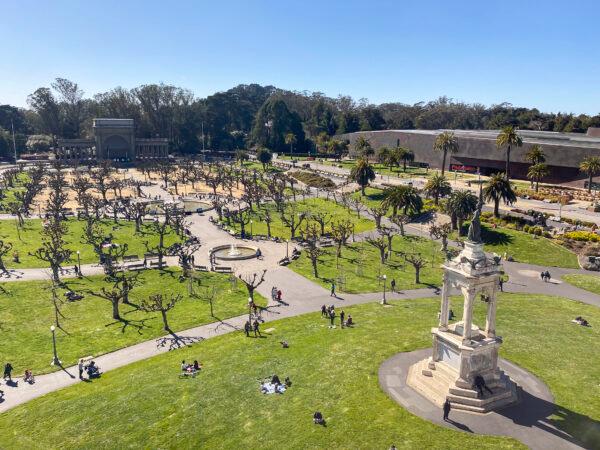 The view of the Music Concourse from the top of the SkyStar Wheel in Golden Gate Park in San Francisco on March 6, 2021. (Ilene Eng/The Epoch Times)