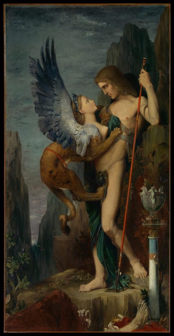 Oedipus, representing the genius of humankind, may have defeated the sphinx temporarily, but in a sense, the monster triumphed. “Oedipus and the Sphinx,” 1826, by Gustave Moreau. Bequest of William H. Herriman, 1920. (Metropolitan Museum of Art)