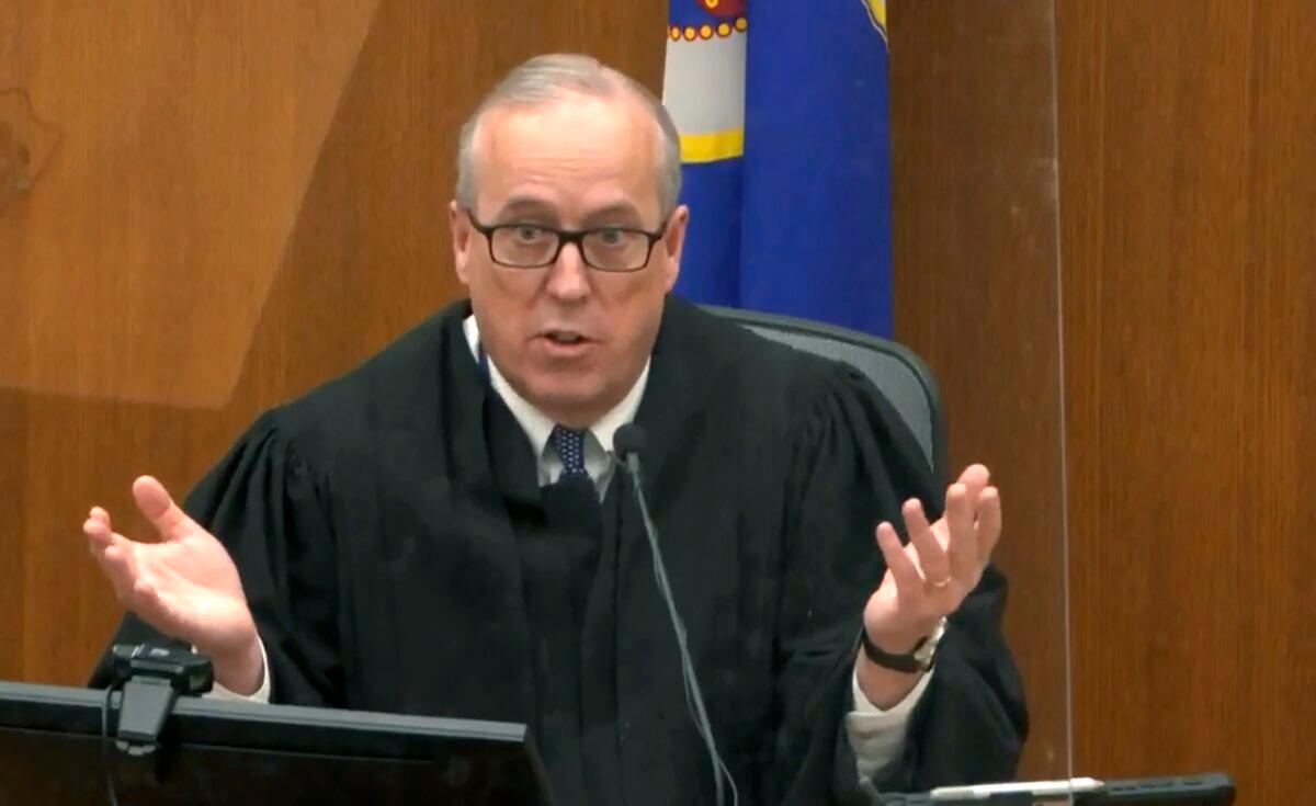 Hennepin County Judge Peter Cahill speaks during pretrial motions, prior to continuing jury selection in the trial of former Minneapolis police officer Derek Chauvin, at the Hennepin County Courthouse in Minneapolis, Minn., on March 11, 2021. (Court TV/ Pool via AP)
