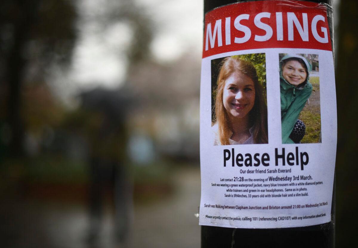 A missing sign outside Poynders Court on the A205 in Clapham, London, on March 10, 2021, during the search for Sarah Everard. (Victoria Jones/PA via AP)