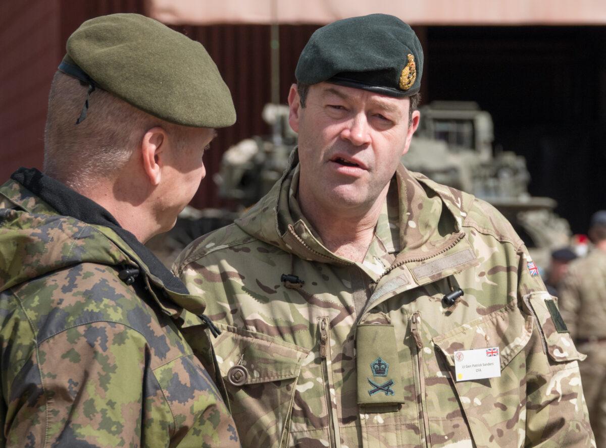 Patrick Sanders, then a lieutenant general serving as Commander Field Army, talks at a live demonstration at the Joint Expeditionary Force (JEF) Live Exercise (LIVEX) Distinguished Visitor Day being held on Salisbury Plain Training Area near Salisbury in Wiltshire, England, on May 3, 2018. (Matt Cardy/Getty Images)