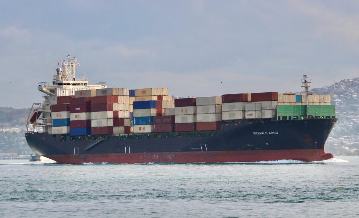Iranian-flagged container ship Shahr e Kord sails in Bosphorus on its way to the Mediterranean Sea, in Istanbul, Turkey, on Feb. 9, 2020. (Yoruk Isik/Reuters)
