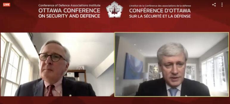 Screenshot of Richard Fadden and Stephen Harper at the Conference of Defence Associations Institute conference in Ottawa on March 12, 2021. (CDA Institute screenshot)