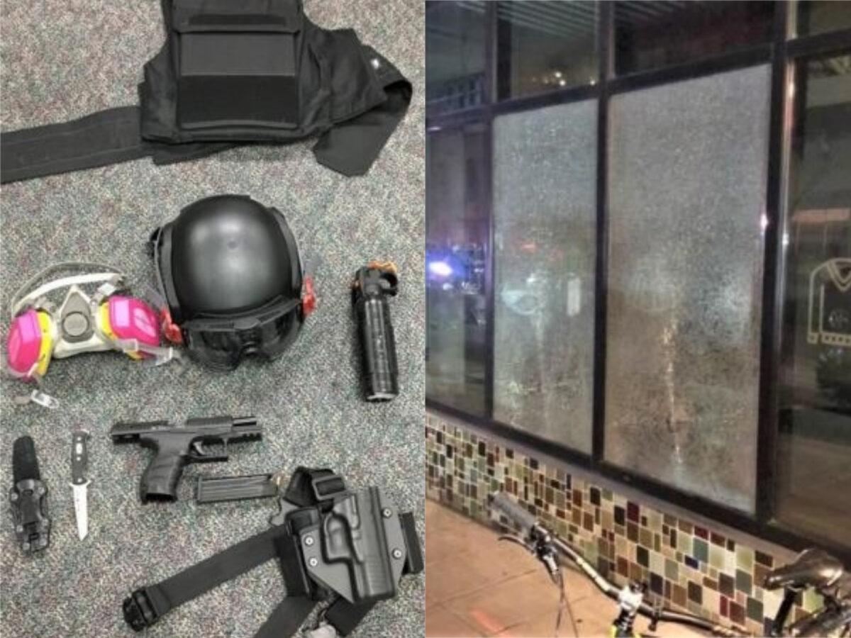 On the left, some of the weapons seized from rioters in Portland, Ore., on March 12, 2021. On right, windows smashed by rioters in Portland, Ore., on March 12, 2021. (PPB)
