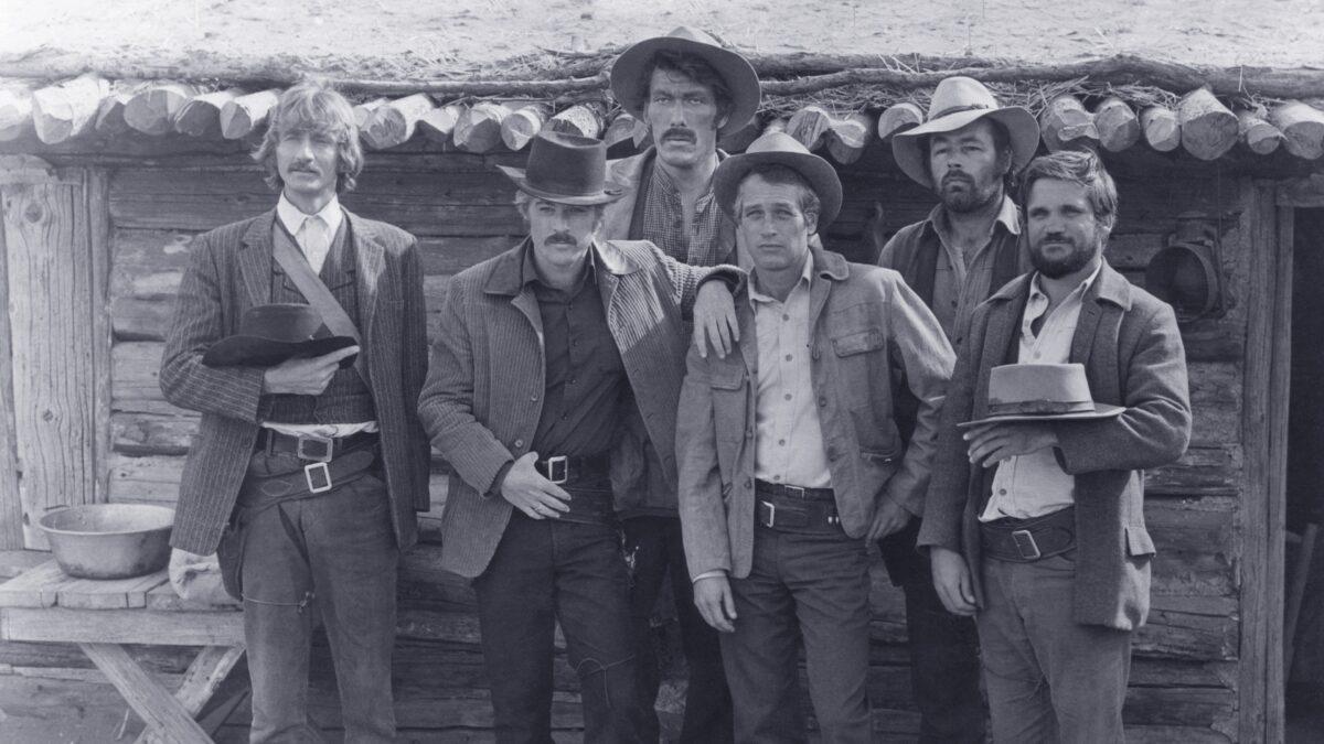 The Hole-in-the-Wall Gang (L–R): Tim Scott, Robert Redford, Ted Cassidy, Paul Newman, Dave Dunlap, and Charles Dierkop, in “Butch Cassidy and the Sundance Kid.” (20th Century Fox Film Corp.)