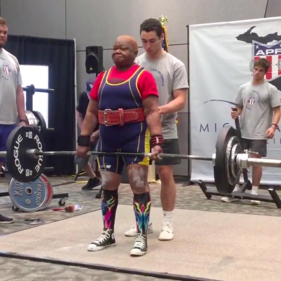 Nora Langdon, then 76, deadlifting at the APF National Championship in Grand Rapids, Michigan, on June 14, 2019. (Courtesy of <a href="https://www.instagram.com/jazzienora/">Nora Langdon</a>)