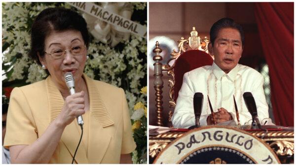 (L) Former president Corazon Aquino delivers a speech after a memorial service in Manila on Aug. 21, 2005. (Joel Nito/AFP via Getty Images) (R) President Ferdinand Marcos holds a press conference in Manila on Feb. 24, 1986. (Toledo/AFP via Getty Images)