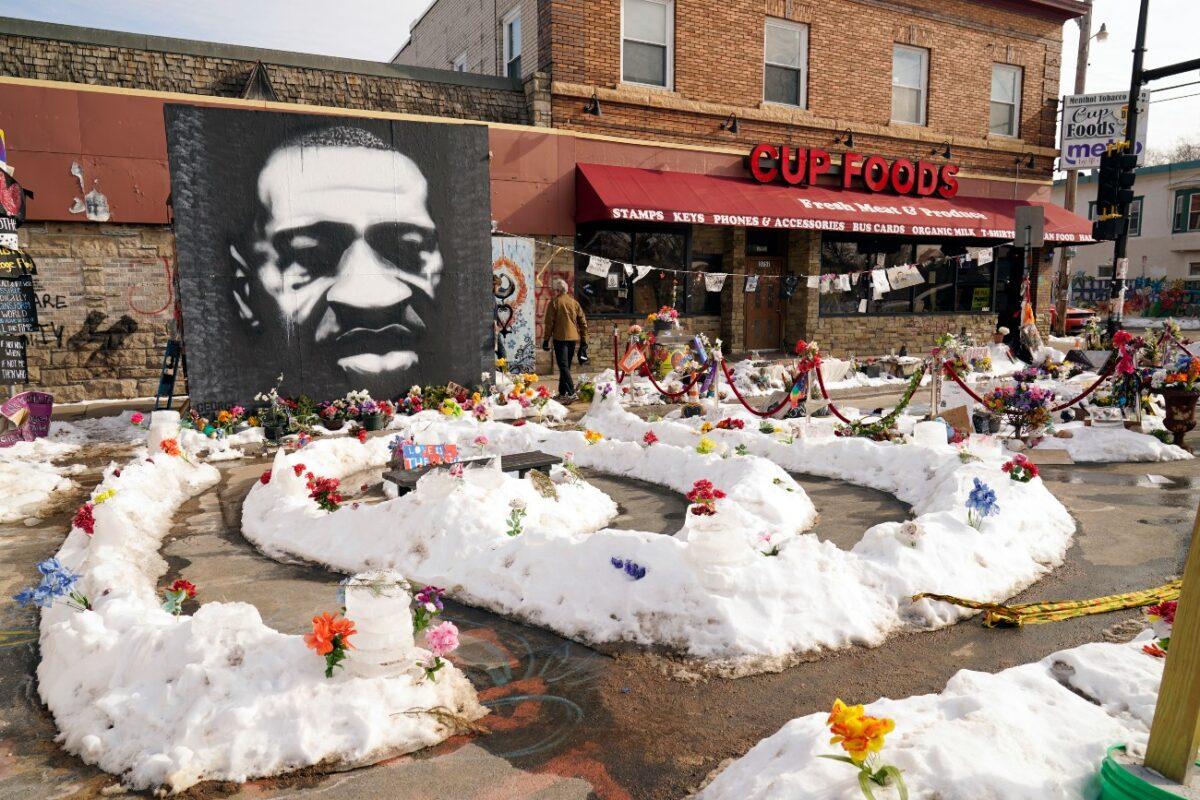 A mural of George Floyd is seen in George Floyd Square in Minneapolis, Minn., on Feb. 8, 2021. (Jim Mone/AP Photo)