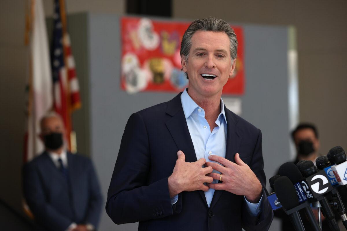 California Gov. Gavin Newsom speaks during a news conference after he toured the newly reopened Ruby Bridges Elementary School in Alameda, Calif., on March 16, 2021. (Justin Sullivan/Getty Images)